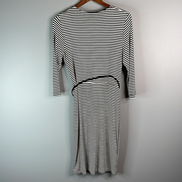 CALVIN KLEIN Striped Belted Faux Wrap Dress Black White 1/2 Sleeve Side Ruched 8 - Picture 7 of 12